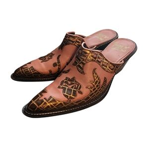 Tony Lama Western Mules Rose Pink w Brown Alligator Print Overlay Applique 7